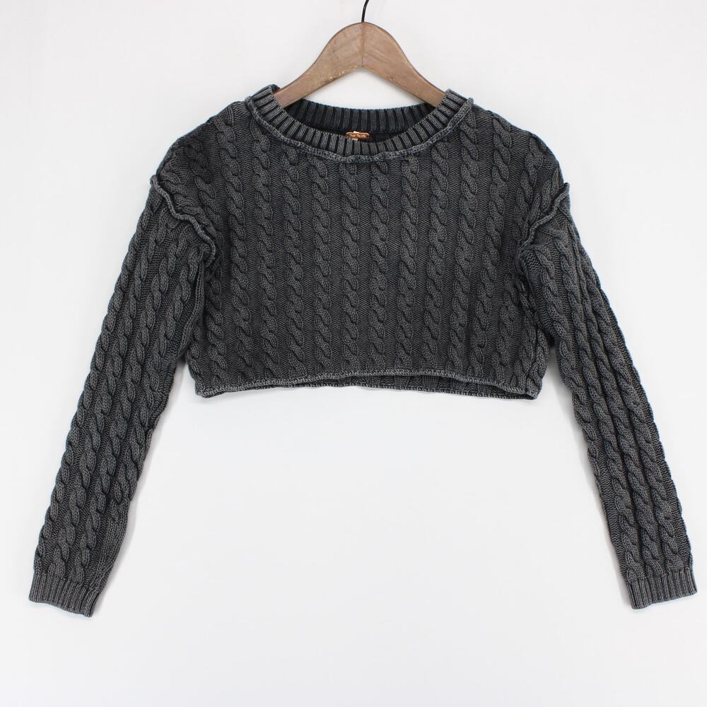 Free People  Sweater Womens XS Gray Cable Knit Cropped Washed Cotton Long Sleeve